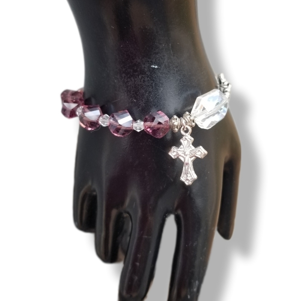 Vintage Purple Austrian Crystal Bead & Silvertone Cross Charm Rosary Bracelet